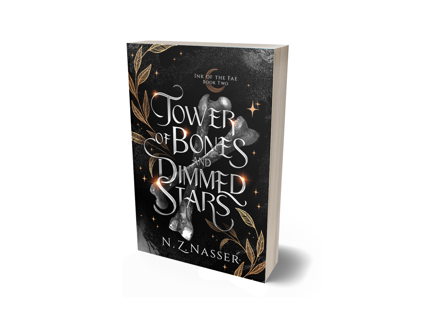 Book cover with a black background, silver bones, gold leaf work and the title Tower of Bones and Dimmed Stars