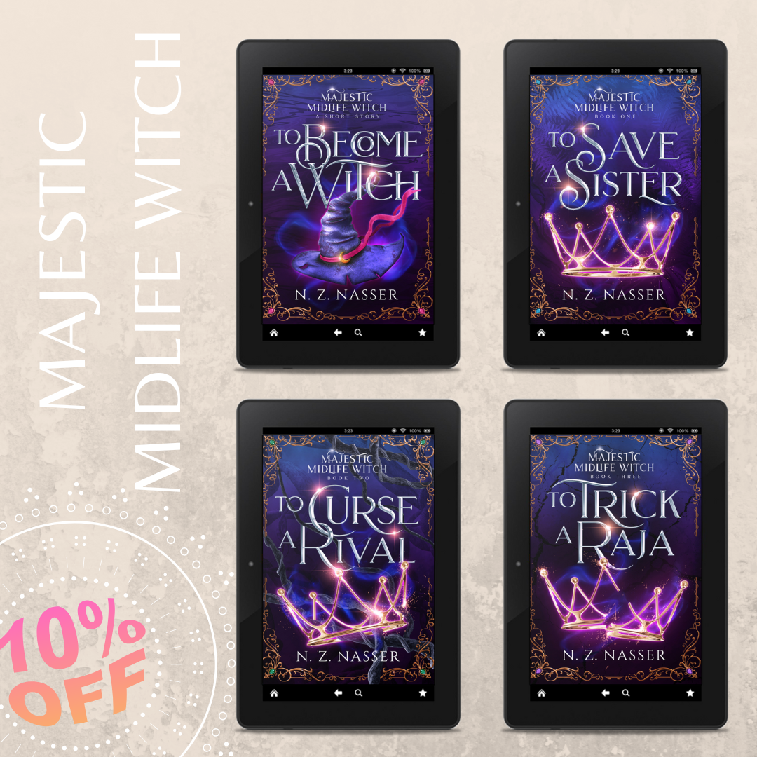 Grid of ebook covers by N. Z. Nasser on a pale background with promotional text