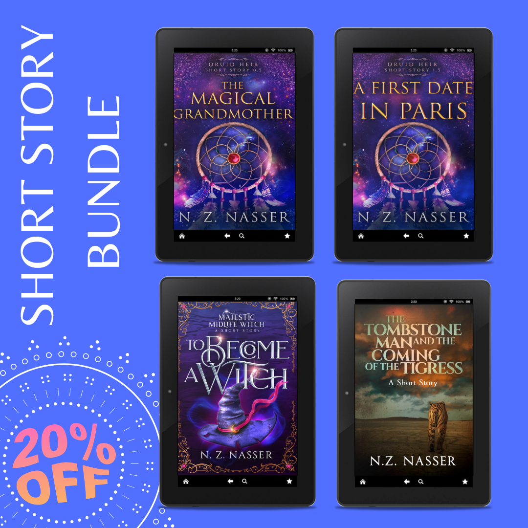 Four tablet screens on a blue background displaying the titles The Magical Grandmother, A First Date in Paris, To Become A Witch, The Tombstone Man and the Coming of the Tigress