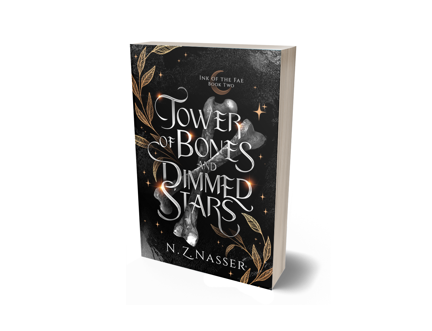 Book cover with a black background, silver bones, gold leaf work and the title Tower of Bones and Dimmed Stars