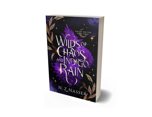 Wildsof Chaos and Indigo Rain cover, purple flowers on black background with purple glitter and gold leaves