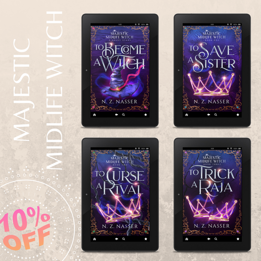 Grid of ebook covers by N. Z. Nasser on a pale background with promotional text
